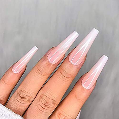 Brishow Coffin False Nails Long Fake Nails Pink White Gradient Press on Nails Ballerina Acrylic Stick on Nails 24pcs for Women and Girls (i)