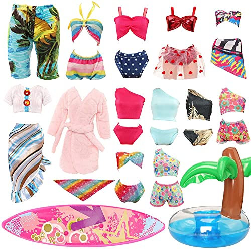 Miunana 9 Kleider Zubehör für Puppen - Badehose, Surfbrett für Jungen, Strandkleidung, 4 Badeanzüge, Bademantel, Rettungsring