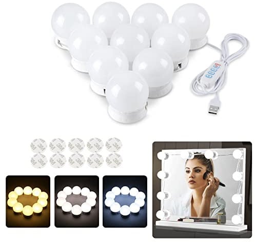 SANLION Mirror Lights, Bathroom Mirror Lights, Dressing Table Mirror Lights USB Cable with 10 Dimmable Bulbs LED 3 Color Modes & 10 Brightness