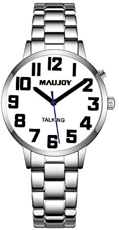 MAUJOY Montre française pour Homme avec Son Fort, Grands Chiffres et Bracelet en Acier Inoxydable, adaptée aux Personnes âgées et aux aveugles