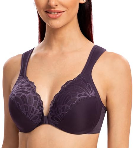 MELENECA Front Fastening Bras for Women Plus Size Underwire Unlined Lace Cup Cushion Strap Purple 42B