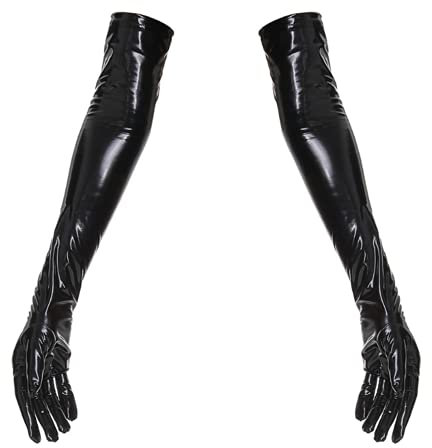 LXLUOO Sexy Lange Handschuhe für Erwachsene, Lange Handschuhe aus Kunstleder, Leder Sexy Elegante EM-Handschuhe, Damen Sexy Elastische Glänzende Wet Look Satin Lange Handschuhe (Schwarz M)
