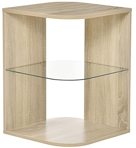 HOMCOM Mesita Auxiliar de Salón Moderna Mesilla de Noche con 3 Estantes Tablero de Cristal Mesita de Café para Sala de Estar Dormitorio 40x40x56 cm Madera Natural
