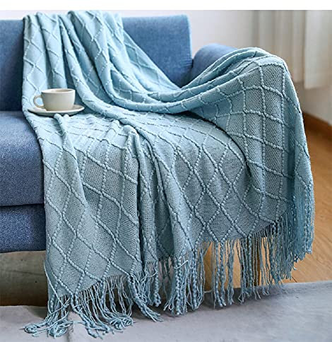 Kuscheldecke Flauschig Blau Hellblau Gestrickt Tagesdecke Grob Wohndecke Wendedecke Kuscheldeck Sofadecke Couchdecke Strickdecke Sofa Bett Überwurf 130 x 180 cm Sofaüberwurf mit Fransen Bedspread