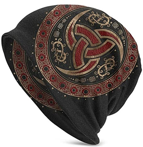 C2Jew Vikings Beanies Mütze Schwarz-Rote Strickmützen Damen Herren Mütze Hip-Hop Mütze Slouchy Outdoor-Caps 10,6 × 11 Zoll,Odin Horn