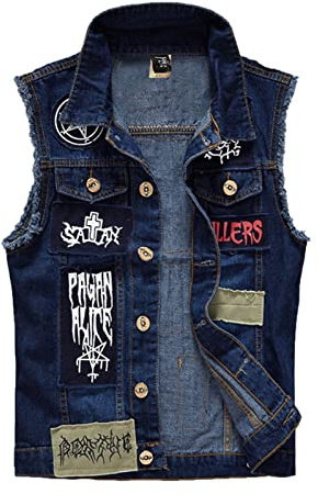 Men's Denim Vest Fashion Patch Rock Style Ripped Frayed Denim Waistcoat Vintage Biker Gilet Lapel Sleeveless Cowboy Jacket