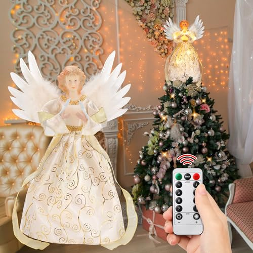 PEEKI Puntale per albero di Natale a forma di angelo, puntale per albero di Natale con luci a LED, con ali