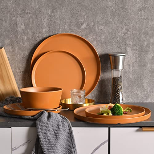 Melamine Dinnerware Set, 12pcs Dinnerware Sets, Dish Set For 4, Lightweight Plates and Bowls Sets for Indoor and Outdoor Use, Dishwasher Safe, BPA Free (Pumpkin Red)