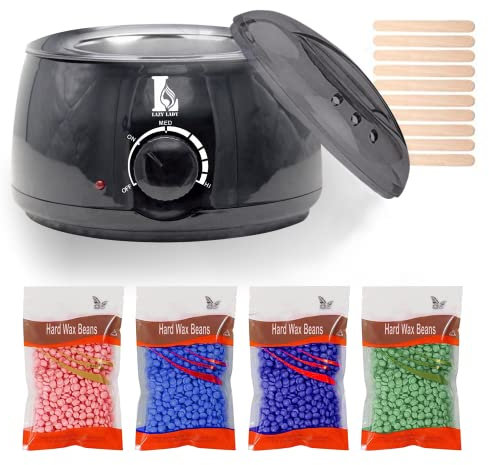 LAZY LADY Calentador de Cera Eléctrico para Depilación, Kit Completo con 4x100g Cera y 20 Espátulas, Ideal para Piernas, Brazos, Axilas y Cara (Traje Negro)