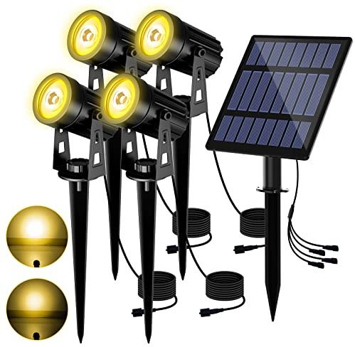 T-SUN Gartenstrahler Solar, 4 Stück Solarstrahler Solarlampen für garten, IP65 Wasserdicht LED Solarlampe mit 2 Helligkeitsstufe, 3 Meter Kabe für Bäume,Sträucher,Gartenweg (Warmweiß 3000K)