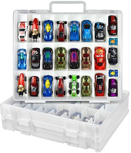 Toy Car Storage Organizer Case Compatible with Hot Wheels/for Matchbox Cars. Display Carrying Container Holder for LOL Surprise Dolls/for Shopkins with 48 Compartments Double Sided -White (Box Only)