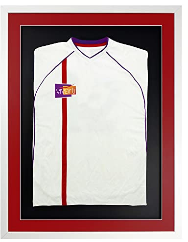 Vivarti DIY Adult 3D Mounted Sports Shirt Display Frame for Football Shirt, Rugby Shirt, Band T-Shirt Shadow Box - 60 x 80cm - Gloss White Frame, Red Mount, Black Backing Card