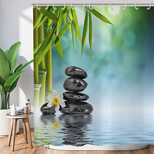 Hnmdmyi Zen Garden Shower Curtain 180x180, Spa Green Bamboo Black Stone White Flower Bathroom Curtains Japanese Meditation Relaxing Waterproof Polyester Fabric Washable Bath Curtains with Hooks