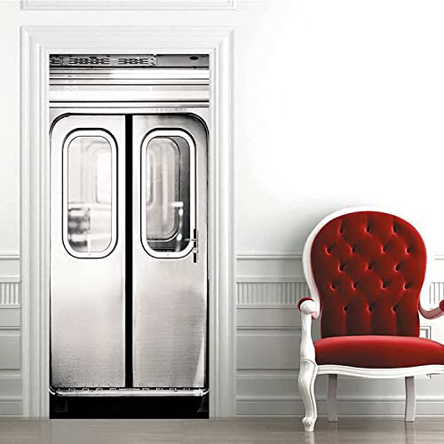 Türfolie Poster U-Bahn-Tür Aus Grauem Metall 100 X 215 Cm Türposter Fototapete Poster Tapete Pvc 3D Türaufkleber Selbstklebend Diy - Kinderzimmer Wohnzimmer Küche Schlafzimmer Arbeitszimmer Bürotür F