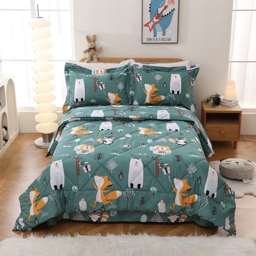 JSD Green Forest Animals Kids Comforter Set Twin Size, 2 Piece Woodland Printed Microfiber Bedding Set, Machine Washable