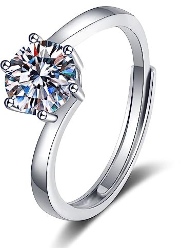 Ring 925, Zarte Ringe Weißes Gold 2ct Moissanit Runden Geschenkring Zum Geburtstag Einstellbar
