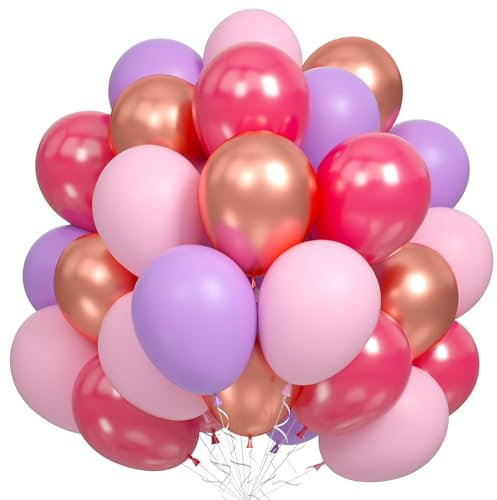 Pink and Purple Balloon Set, 60Pcs Hot Pink Lilac Lavender Balloon with Metallic Rose Gold Balloons, Purple Pink Rose Red Latex Balloons for Girl Mermaid Butterfly Birthday Party Decorations