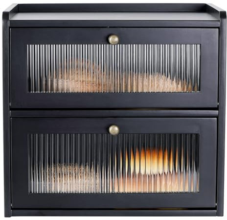 Sunhoo Bread Box for Kitchen Countertop Wooden Bread Storage Container Bin 2 Layer Breadbox Holder Large Capacity Keeper Vintage Farmhouse Food Organizer Pantry Shelf Acrylic Window（Black）