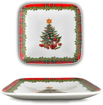 ARCA, Vassoio in Porcellana Quadrato, con Decorazione Natalizia Scozzese, Resistente e Duraturo, Idale per la Tavola, Idea Regalo Natale, 18x18 cm