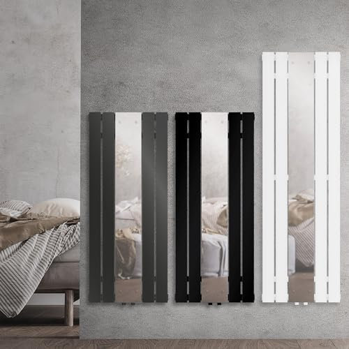 LuxeBath Radiateur Vertical en Acier, avec Miroir en Verre Véritable, 1200x450 mm, Noir Mat, Design Plat, Raccordement Central, Chauffage Central ou Fonctionnement Électrique, Kit de Montage Inclus