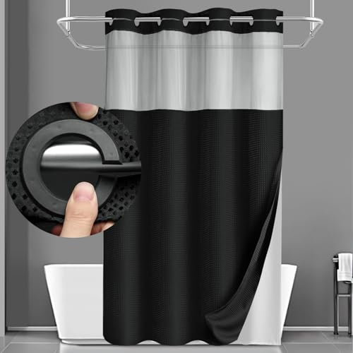 YellyHommy Rideau de douche sans crochet avec doublure à clipser pour salle de bain Noir gaufré 190,5 x 152,4 cm