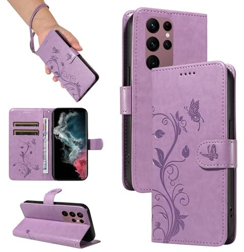SRISHP Cover per Samsung Galaxy S22 Ultra, Magnetica Cover a Libro con Slot per Schede, Custodia in PU Pelle Portafoglio per Galaxy S22 Ultra, Viola