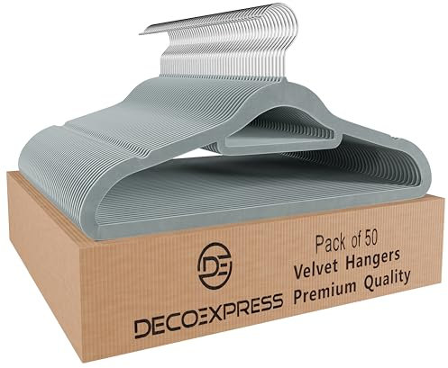 Deco Express Cintres Velours, Gain de Place Cintre Antidérapant pour Les Vêtements - Paquet Multiple (Gris, Paquet de 50)