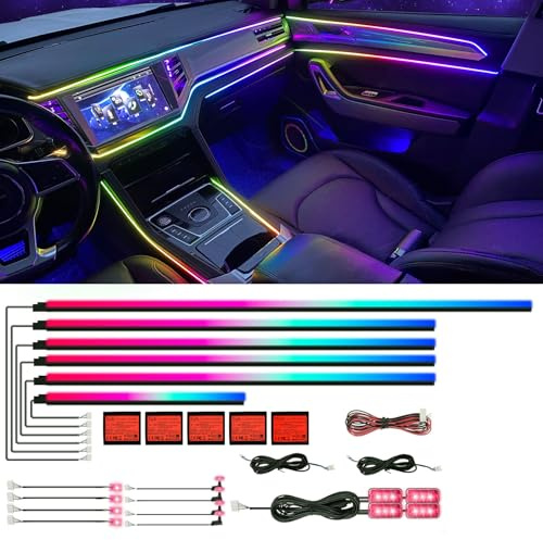 Dreamcolor Acrylic Interior Car LED Strip Light with APP, 18-in-1 128 Colorful 6 pieces Fiber Optic Car Decoration Atmosphere Light Kits, Dual Zone Music Sync Rhythm RGB Neon Lighting for All Cars