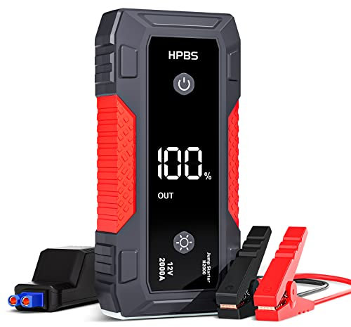 HPBS Jump Starter Power Pack, 2000A Car Battery Booster for 12V Vehicles Up to 8L Gas and 6.5L Diesel Engine, Portable Jump Starter with 3 inches Large LCD Screen and Smart Jumper