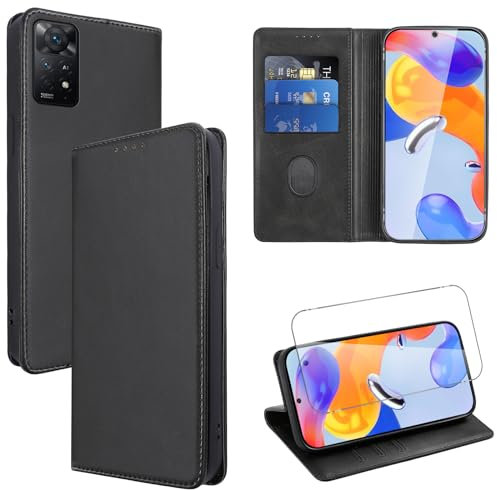 Vauki Coque Cuir pour Xiaomi Redmi Note 11 Pro 6.67 avec 1 Verre Trempé Etui à Rabat en PU Porte-Cartes Portefeuille Support Flip Housse Magnétique Antichoc Anti-Rayures Case,Noir