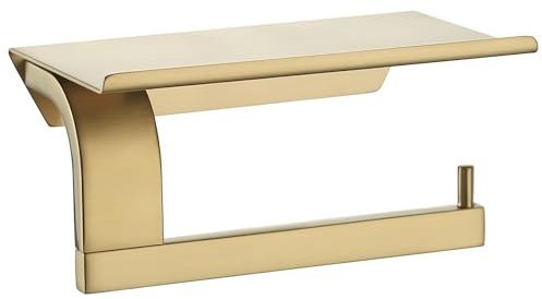 Wall Mount Solid SUS 304 Stainless Steel Bathroom Shower Toilet Paper Holder and Superior Hotel Style Toilet Roll Holder with Mobile Phone Storage Brushed Gold