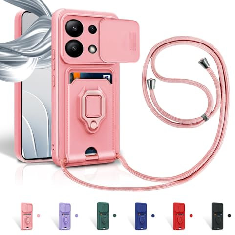 Aithne Cordon de Coque pour Xiaomi Redmi Note 13 4G,Couvercle Coulissant de la Caméra+Support Annulaire à 360 Degrés,Fentes pour Cartes Lanyard Silicone Case -Pink