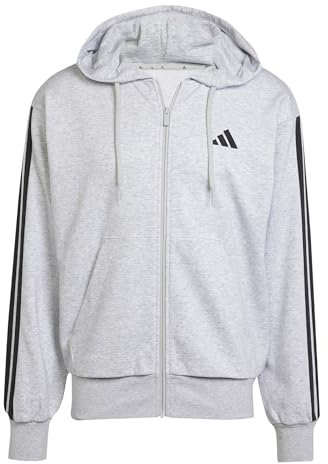adidas Herren Essential Three Stripes French Terry Fullzip Hoodie, Light Grey Heather/Black, XL