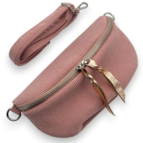 Cord Bauchtasche Damen mittel groß mit Doppel-Zipper Reißverschluss (Altrosa)