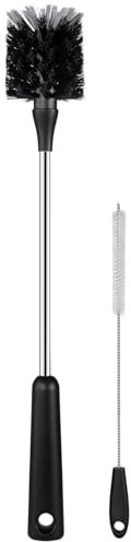 Water Bottle Brush with Straw Cleaner, 15 Inches Stainless Steel Handle Baby Bottle Brush Cleaner, Kitchen Scrub Cleaning Brushes for Cup, Wine Glasses, Coffee Mugs, Tumblers, Wine Decanters, Black