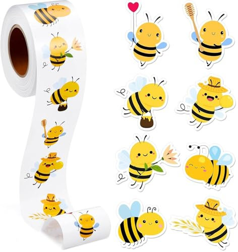 500 Stück Biene Aufkleber Cartoon Bienen Belohnungsaufkleber Rolle Wasserdichte Vinylaufkleber Bienenetiketten Aufkleber Selbstklebende Wandaufkleber mit Tieren für Geburtstags Bienenthema Party Dekor