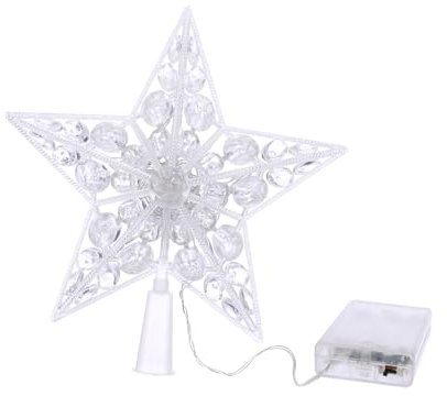 Amosfun Weihnachtsbaumspitze Stern LED Baumkronenstern mit Glitzer Lichterkette Batteriebetrieben Weihnachtsbaum Ornament Pentagramm Zubehör Kunststoff Weiß 23cm