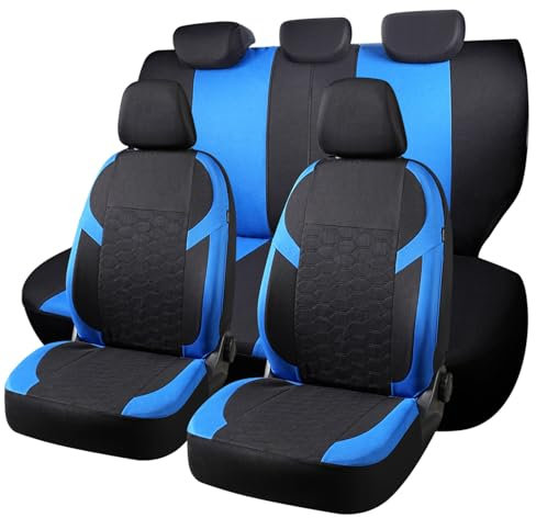 Universal Car Seat Covers Full Set For Citroen C3 C4 C5 C6 DS4 DS5，Durable Cloth Seat Protectors with Split Bench Back Seat Covers (Blue)