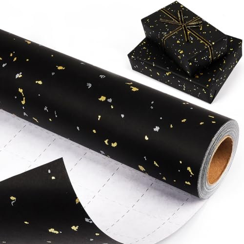 Schwarz Geschenkpapierrolle, Schwarz und Gold Geschenkpapier Rolle mit matter Goldfolie für Männer Jungen, mattes Geschenkpapier Kraftpapier für Weihnachten, Hochzeit, Geburtstag, Vatertag, 43cm x 10m