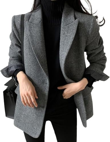 Donna Autunno e Inverno Lana Miscela Blazer Moda Casual Business Blazer Monopetto Elegante Carriera Sciolto Ospiti di Nozze Blazer (Grigio,S)