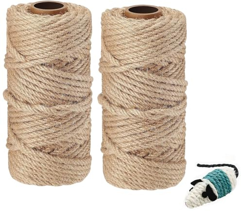 YeaHapiday 2pcs Sisal Rope 50m x 6mm hemp Rope for cat scratcher Natural Jute Rope with 1 Cat Mouse Toys, for Replace Scratching Post, Garden Bundling, Craft Decoration Repair Cat Tree, DIY Projects