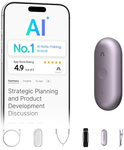 Plaud NotePin S Wearable AI Voice Recorder Transcription & Summaries | AI Note Taker for On-the-Go Meetings, Interviews and Teams, Supports 112 Languages with 4 Accessories, Purple