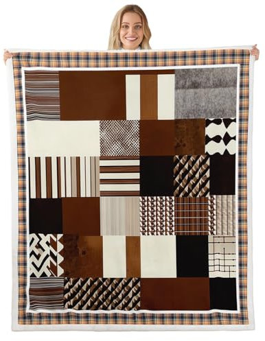 Manfei Couverture géométrique à rayures patchwork pour garçons et filles adultes, couverture en treillis abstrait pour lit, canapé, couverture polaire douce et respirante (101,6 x 127 cm)