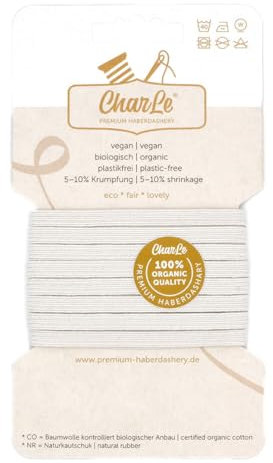 CharLe 5m Bio Einziehgummiband - 6mm - Ecru - Dehnbarkeit 140% aus Naturkautschuk und Bio Baumwolle für Gesichtsmasken, Stoffwindeln oder Puppen und Kuscheltiere