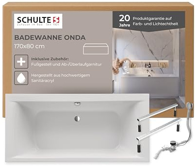 Schulte Badewanne Onda 170x80 cm, Set inkl. Fußgestell und Ablauf, aus hochwertigem Acryl in Weiß glänzend