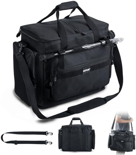 Goture Große Angeltasche, weiche Seite, wasserabweisend, Umhängetasche, Verstellbarer Angelrutengurt, Angelrucksack Mit gepolsterten Schultergurten und rutschfestem Boden Schwarz