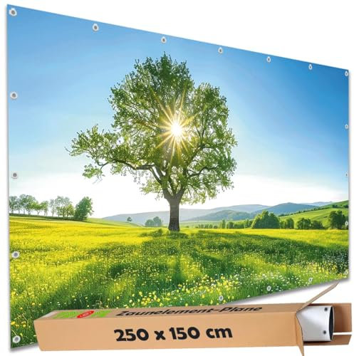 TRIOSK Sichtschutz Garten Deko Zaun Plane Blickdicht groß mit Zaunblende Motiv Blumenwiese Baum Sonnenlicht für Balkon Terrasse Zaunelement Doppelstabmatten Gartenzaun PVC 250x150 cm