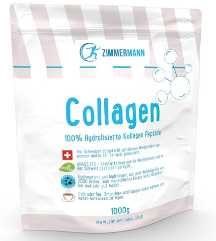 Zimmermann Rinder Collagen Pulver 1000g - Bioaktives Premium Kollagen Hydrolysat aus der Schweiz, leicht absorbierbar, leicht löslich, neutraler Geschmacksneutral, Grass Fed, Peptide Typ 1, 3