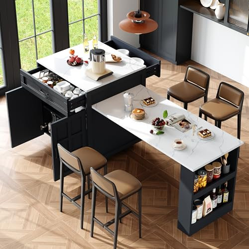 GigaXynium Mesa de bar extensible con espacio de almacenamiento, con dos cajones y cuatro compartimentos, isla de cocina, mesa extensible para 2-6 personas, carrito de cocina con estantes laterales