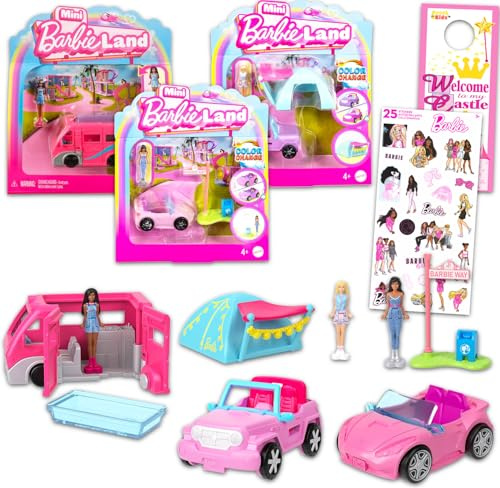 Barbie Lot de 3 mini poupées et véhicules Barbieland – Barbieland RV, voitures et véhicules Jeep Plus, plus | Cadeaux de fête Barbie pour filles, garçons